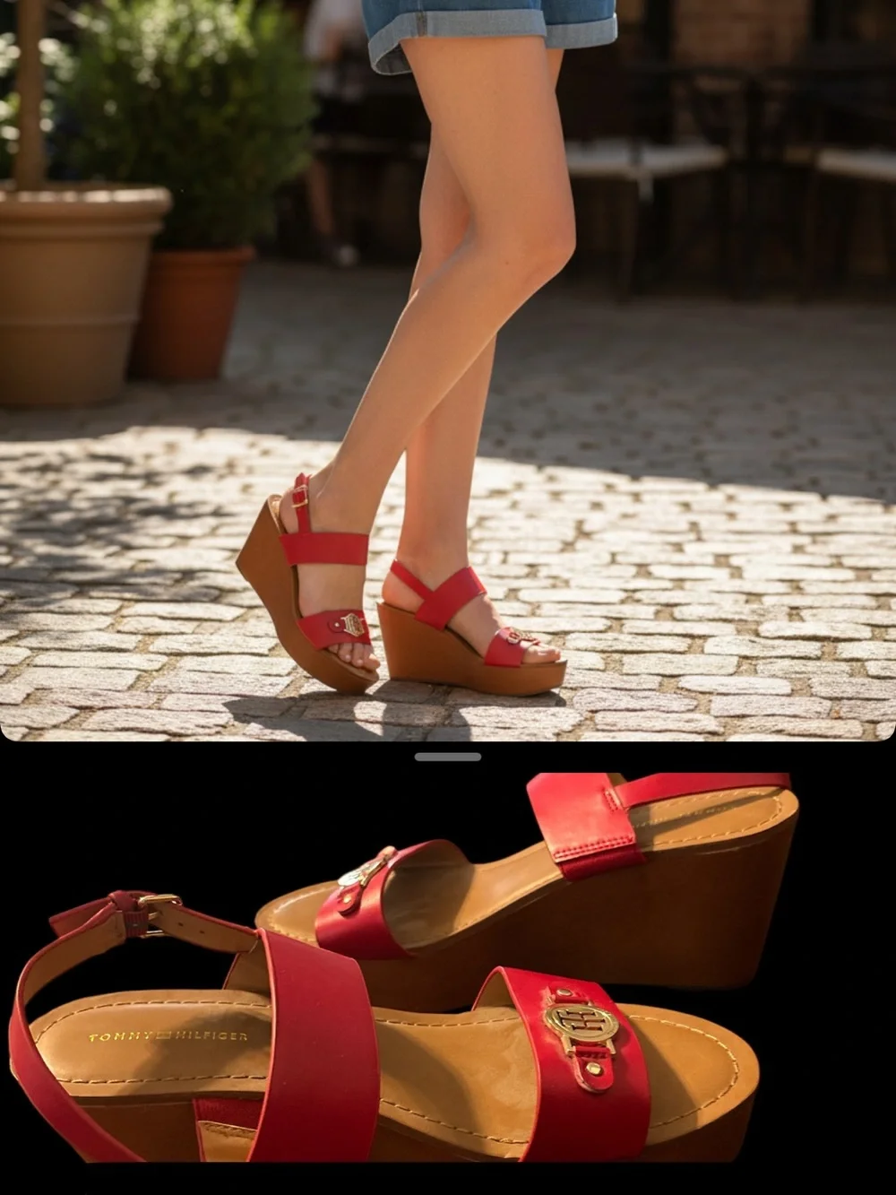 Tommy Hilfiger Kahdy Red Strappy Tan Wedge Sandals